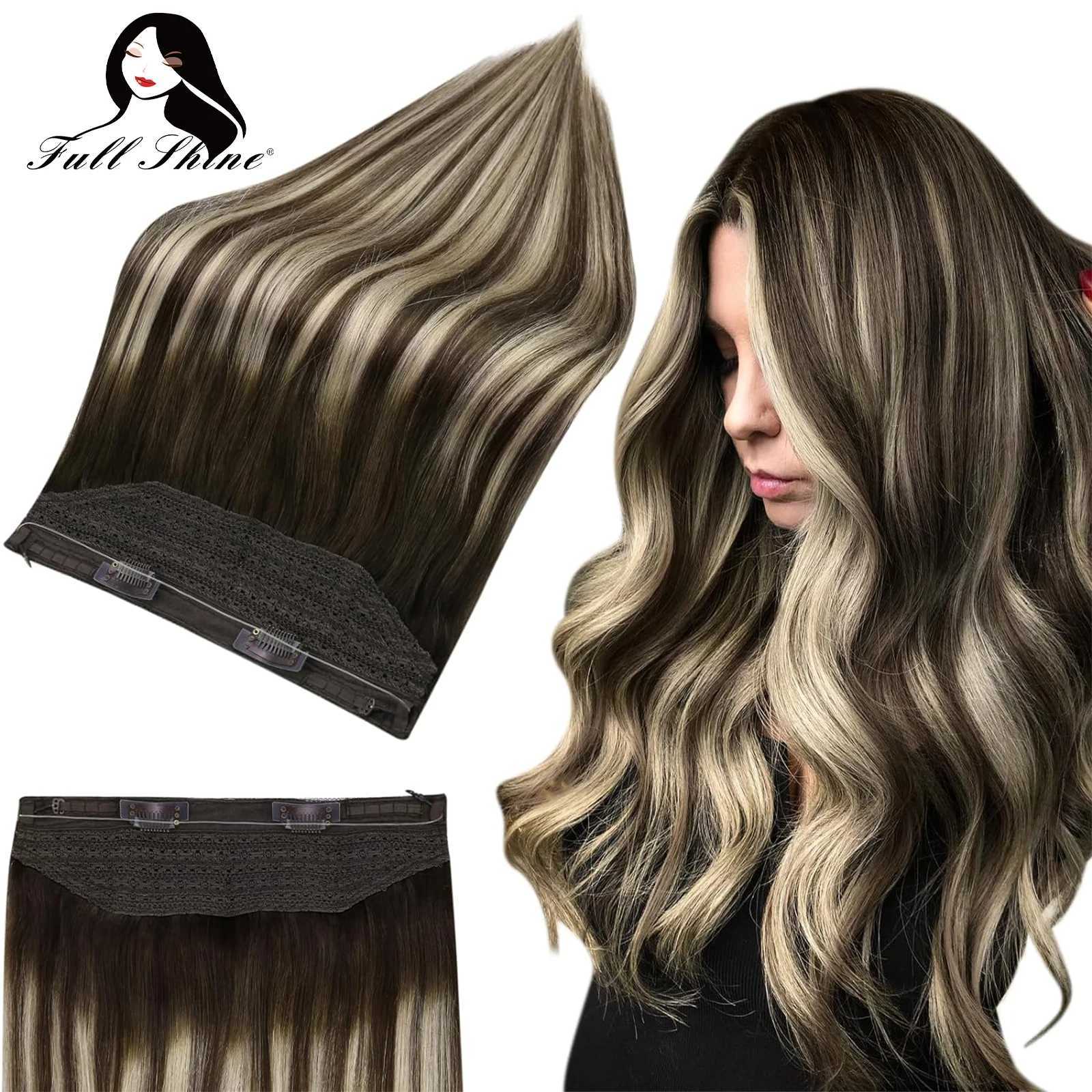 Full Shine Fish Line Human Hair Extension Wire Natural Hair OnePiece Invisible Wire Hair Weft with 2 Clip Machine Made Remy Hair S25526