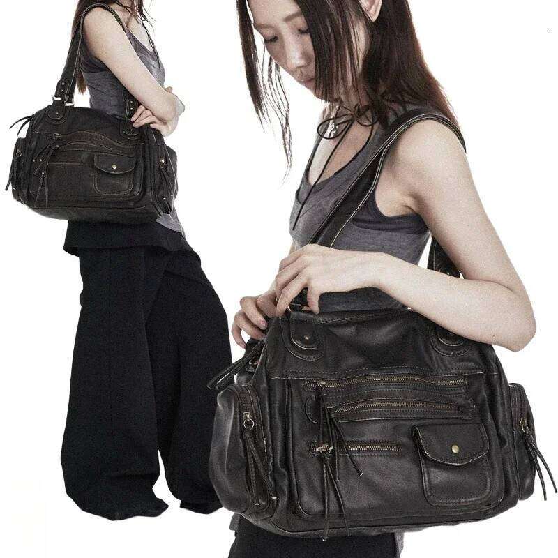 Women's Bags Designer Women's Fashion Retro Y2k Hot Girl Motorcycle Large Capacity Washed Distressed Shoulder Messenger Bag