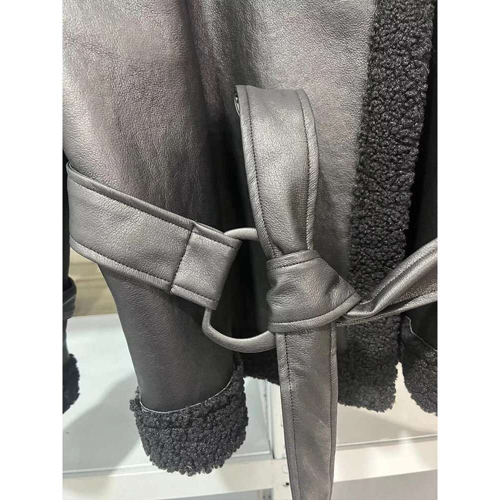 European and American style women's clothing new fashion temperament trend all-match black belt decoration lapel fur jacket