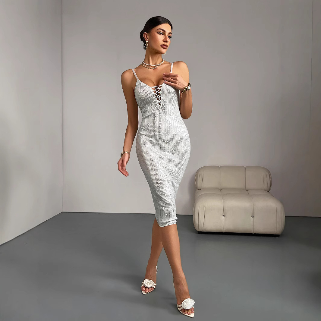 Solid color sequin sexy hip hugging nightclub womens cocktail party dress