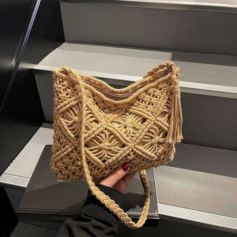 Fashion Rope Woven Clutch Bag for Women Casual Hollow Out Tassel Crossbody Purses Handmade Summer Beach Bags