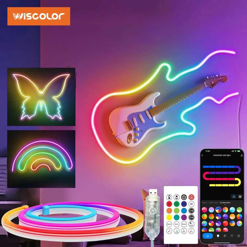 Wiscolor LED RGBIC Neon Strip Light 5V USB 1/2/3/5m Waterproof Silicone Ribbon Music Sync With Remote Control For Room DIY Decor W250526