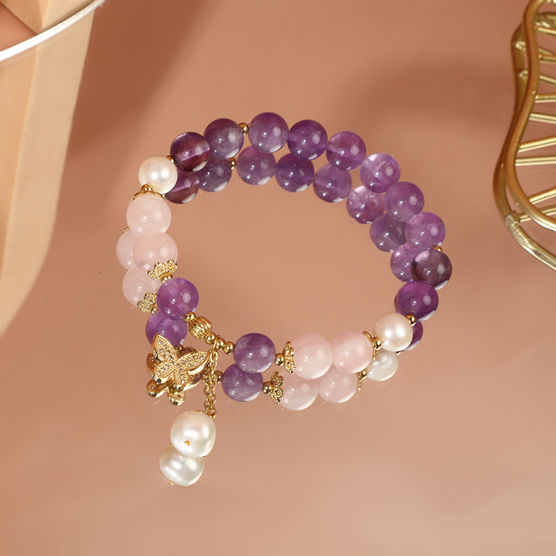 Decor Natural Purple Crystal Pearl Forest Style Layered Temperament Bracelet
