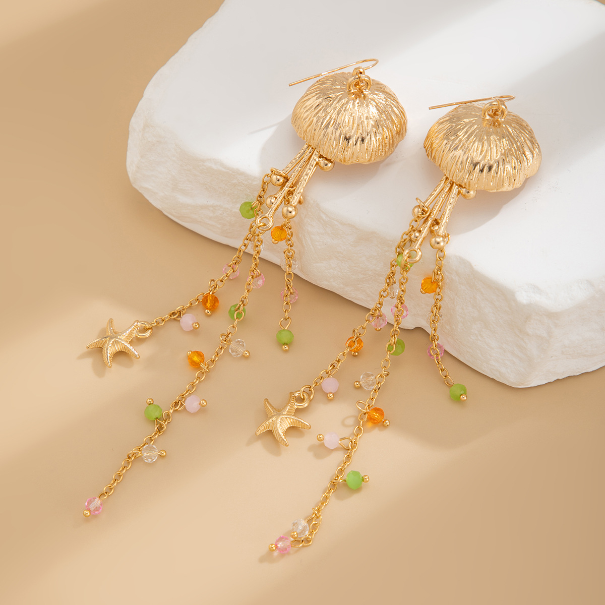 European and American Cross border Ocean themed Ins style Metal Starfish and Jellyfish Studs with Bohemian Imitation Pearl and Crystal Tassel Earrings