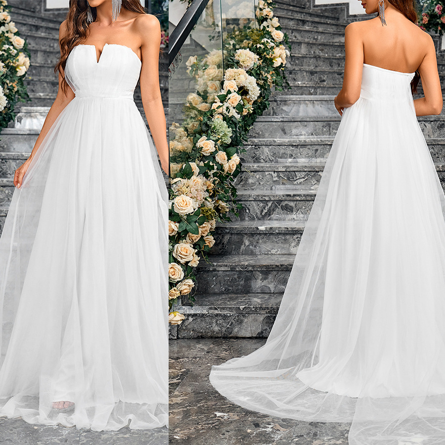 Solid color elegant wedding dress summer new womens mesh dress