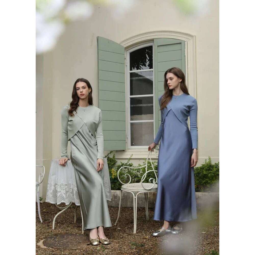 Hot Tight Dresses AS Spring Summer Elegance Satin Dress Knitted Top Match Set Maxi Floor Length Woman Clothes Casual Knee Length Dresses