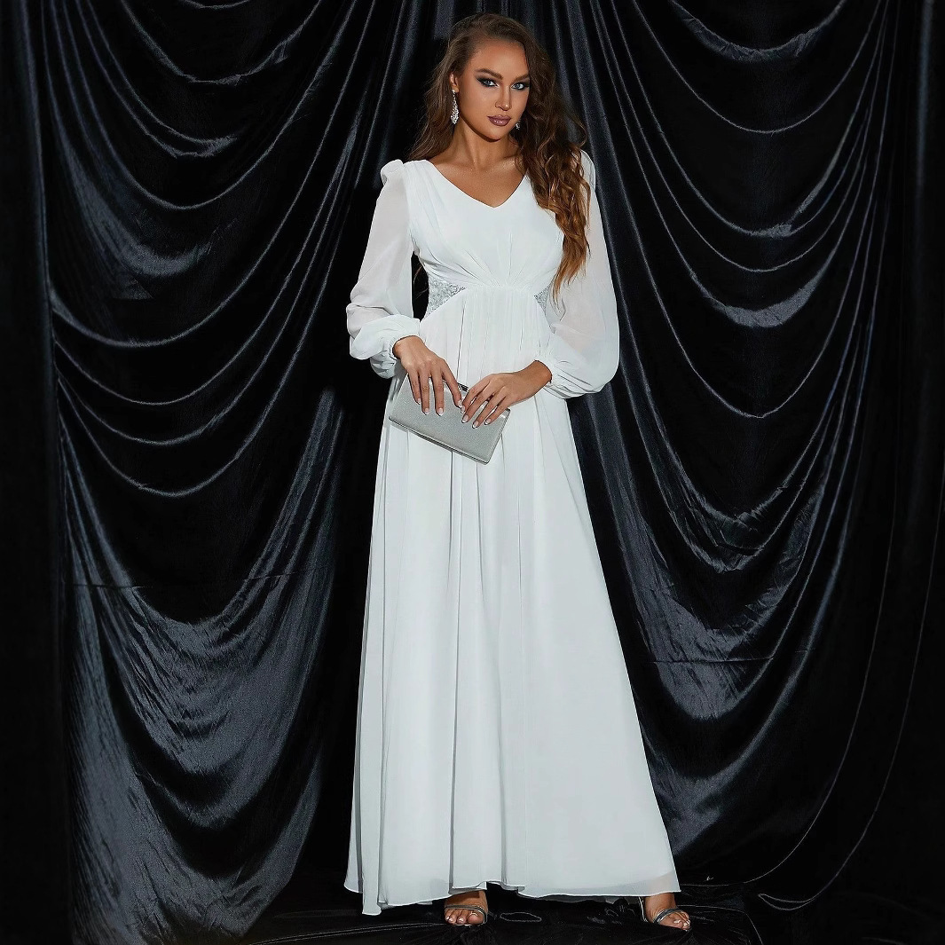 Womens Dress Elegant Banquet V-neck Long Dress Evening Dress Waist