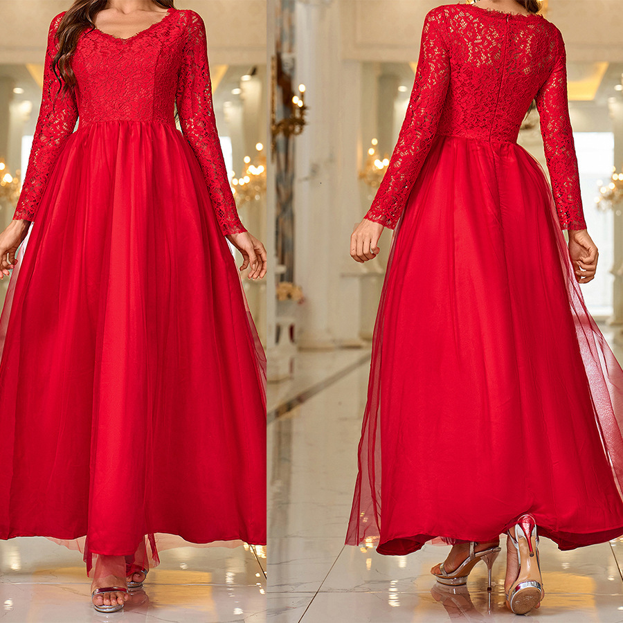 New womens mesh lace long sleeved dress red evening gift