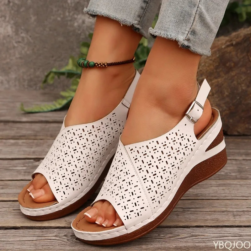 Fashion Thick Sole Beach Shoes Hollow Breathable Wedge Sandals for Women Summer Woman Peep Toe Platform flat shoes 250526