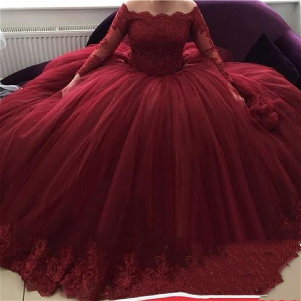 Ball Gown Quinceanera Dresses Burgundy Long Sleeve Bateau Appliques Lace Tulle Plus Size Sweet 15 16 Princess Birthday Party Gowns Vestidos De 15 Anos