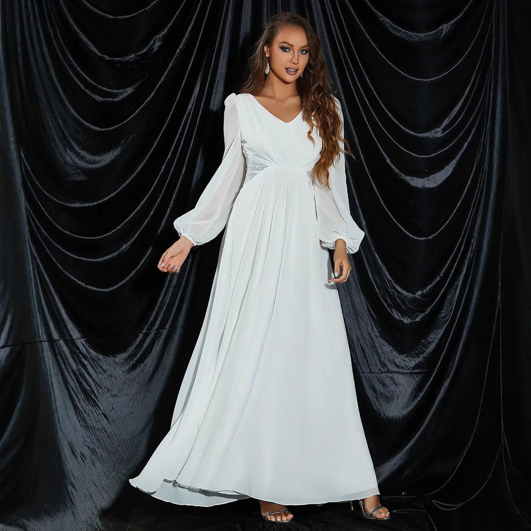 Womens Dress Elegant Banquet V-neck Long Dress Evening Dress Waist