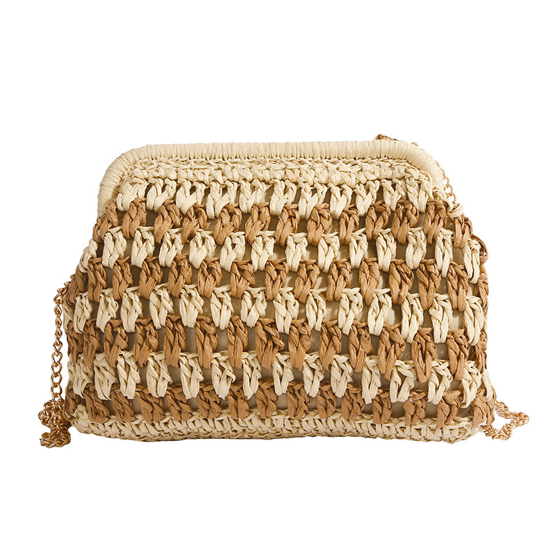 2025 Yuzi Woven Clutch Pleated Shell Straw Chain Crossbody Vacation Beach Bag for Women