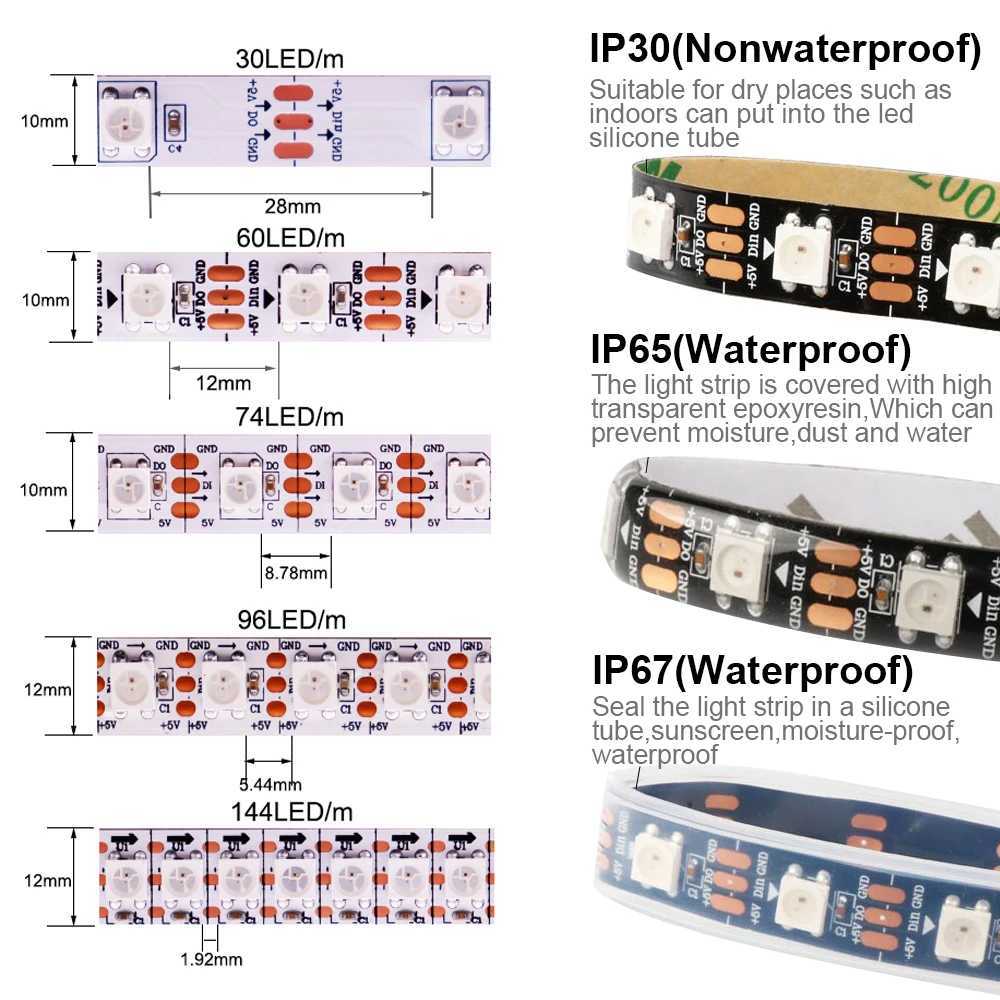 DC5V WS2812B 5050 RGB Smart Pixels LED Strip Light 30/60/74/96/144 LEDs/m WS2812 Individually Addressable LED Light IP30/65/67 W250701