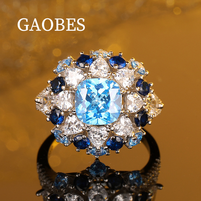 High-End 925 Sterling Silver Blue Synthetic Zirconia Statement Ring for Women, Elegant and Fashionable Jewelry, Perfect for Special Occasions