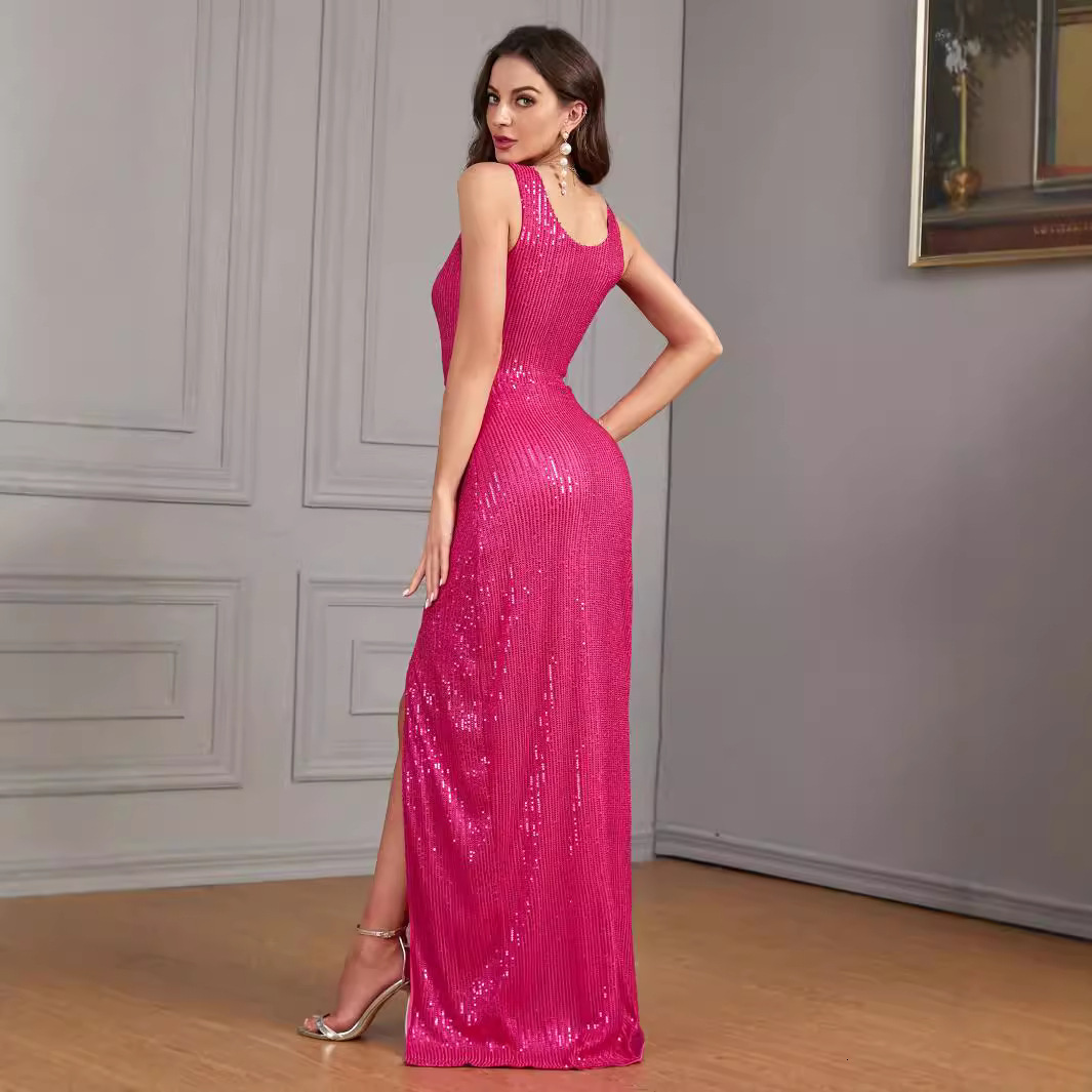 Womens new sexy sequined sleeveless slim slit dress banquet party dress