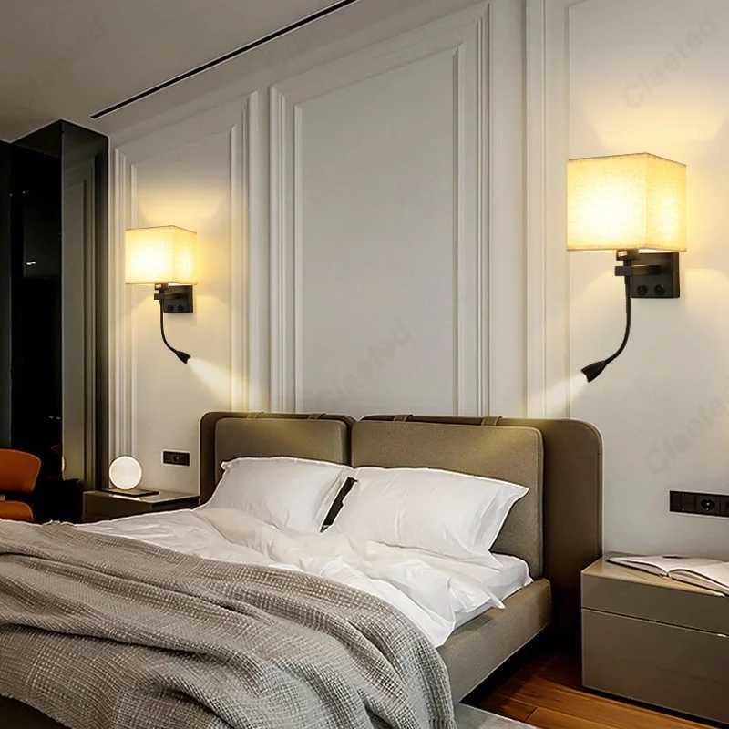 LED Fabric Lampshade E27 with Switch Wall Light USB Charging Port Adjustable Angle Spotlight Bedroom Bedside Reading LightXJ250526