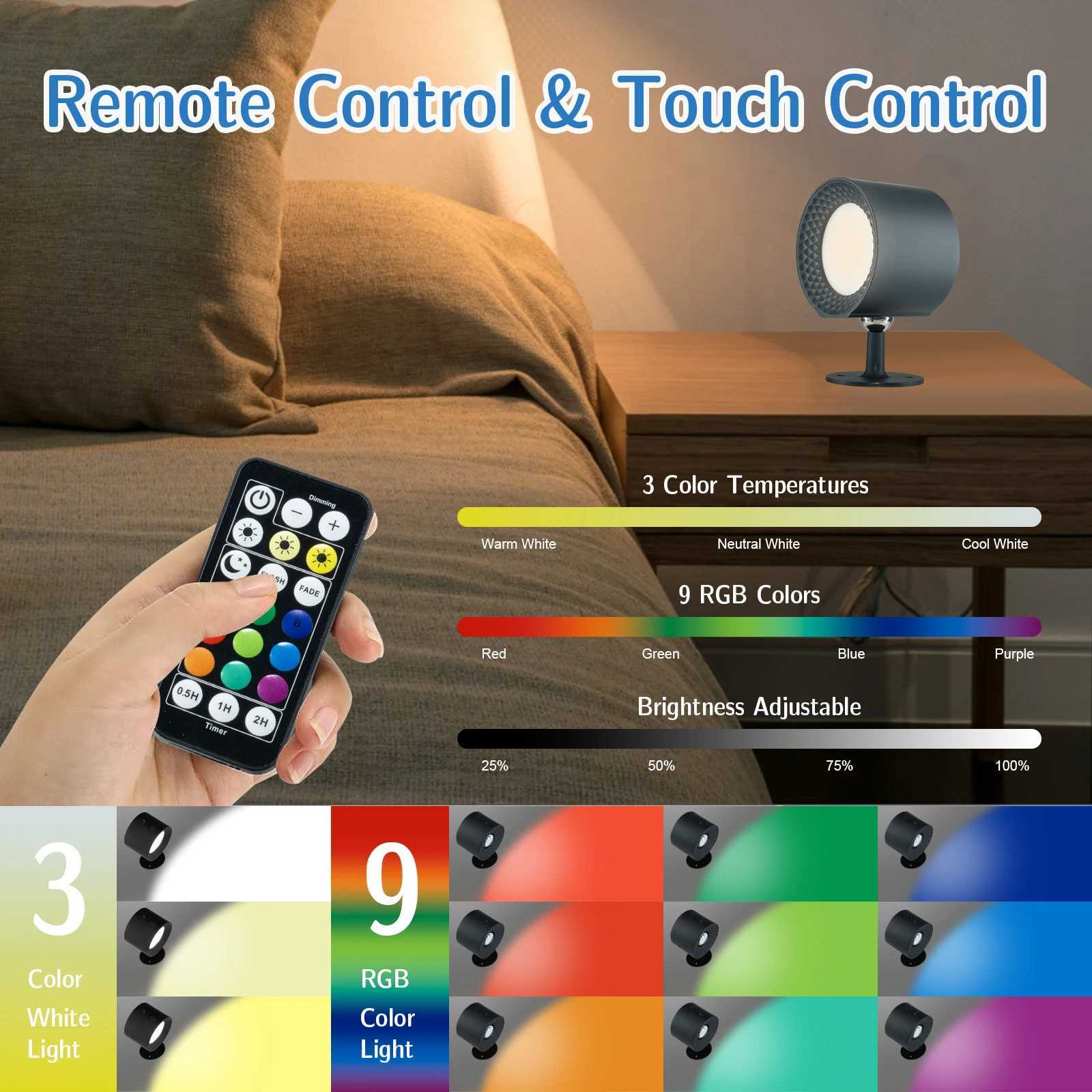 RGB LED Wall Lamp Touch Control Remote Wall Lights Double Head Portable Night Light For Bedside Bedroom Reading LampXJ250526