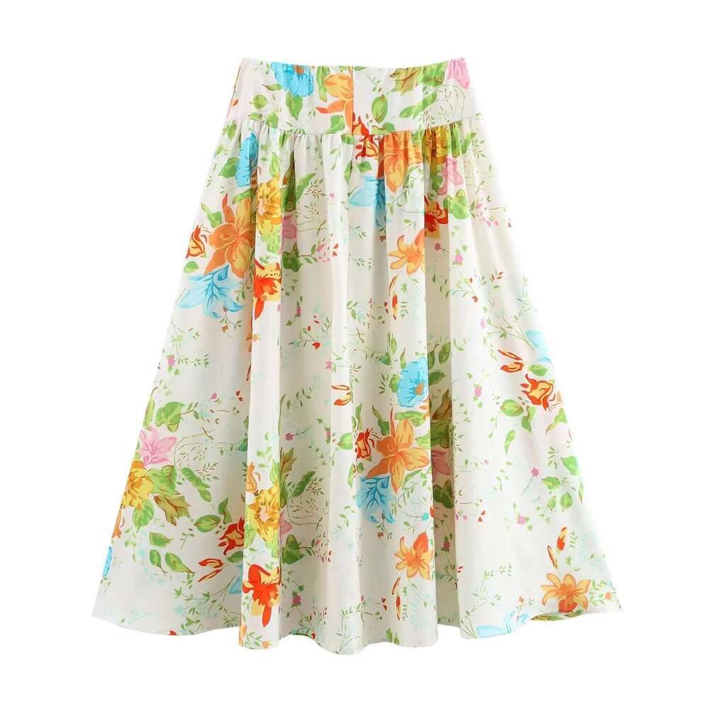 Pb&Za Summer New Women's Fashion Temperament Vacation Style Printed Short Sleeved Shirt High Waisted Skirt Two-Piece Set