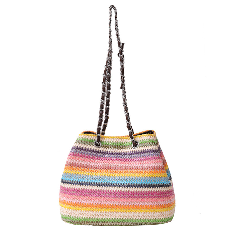 Free Shipping Designer Bag Women's Summer Woven Shoulder Bag Rainbow Striped Grass Woven Bag Large Capacity Chain Shopping Bag Leisure Vacation B