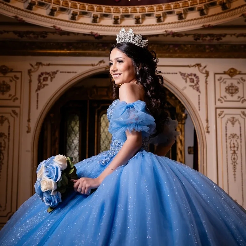 Sky Blue Shiny Ball Gowns Quinceanera Dresses Off The Shoulder Appliques Lace Beading Tull Lace Up Vestido De 15 Anos Sweet 16 Dress