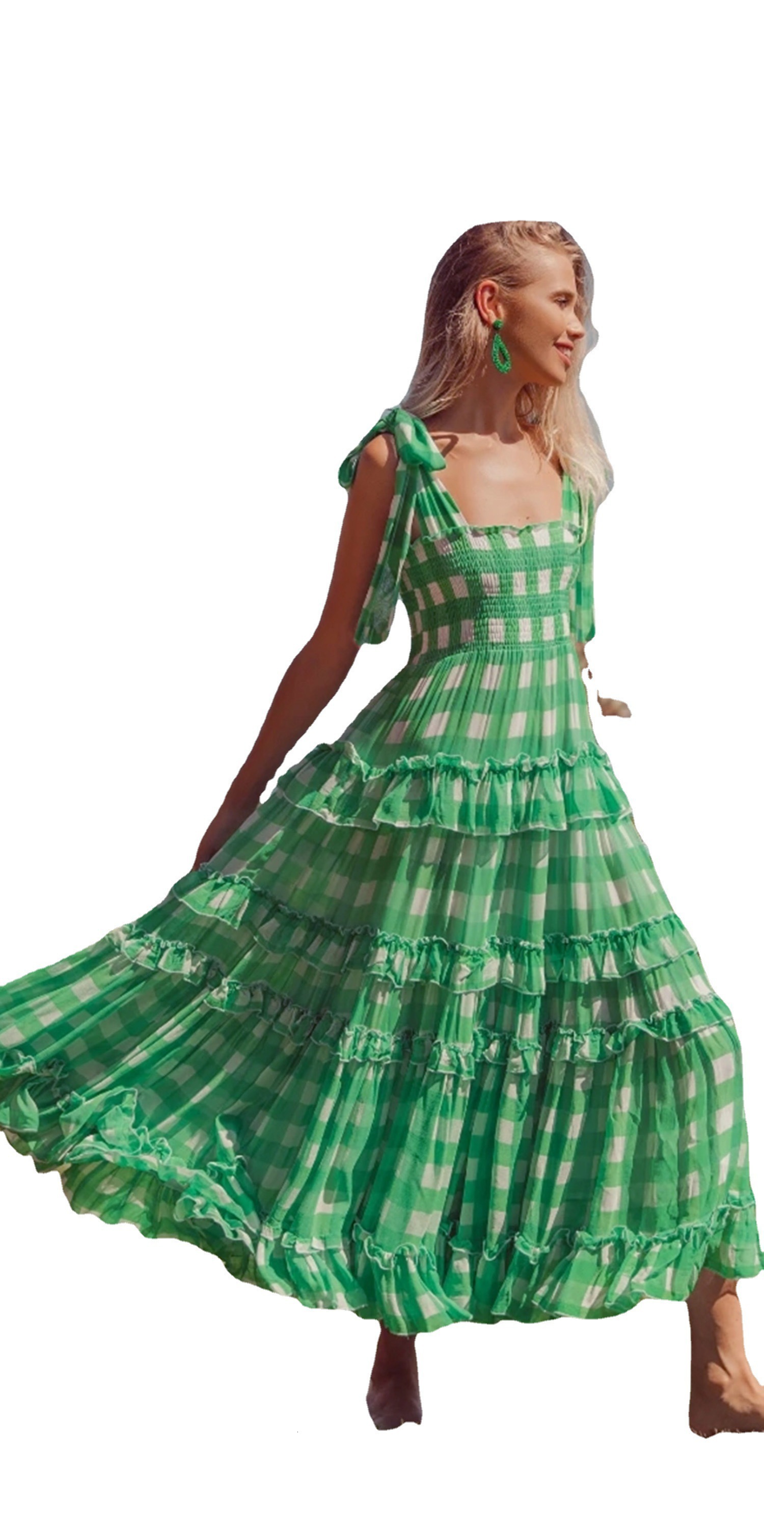 Green Chiffon Dress high waist dress