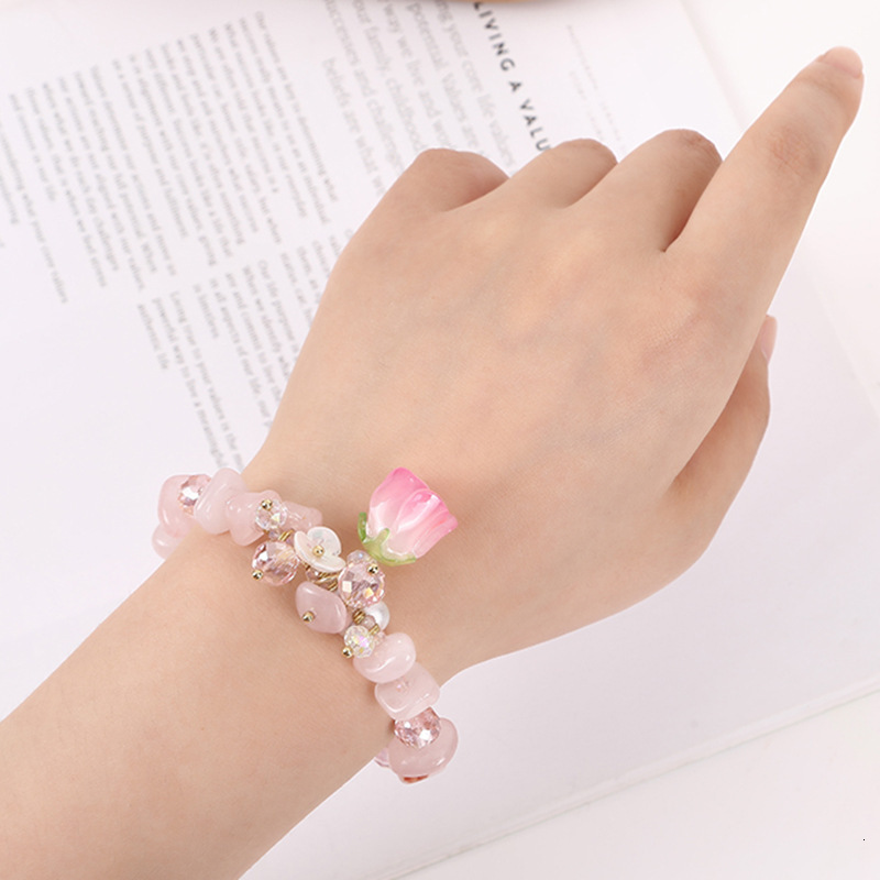 pink irregular stone crystal for girls, lotus seed pendant board, flower copper plated bracelet