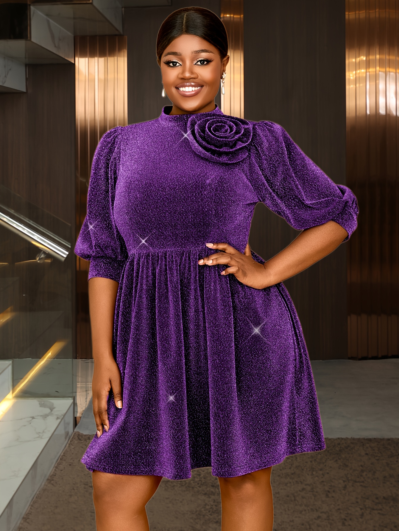 Womens Dress Party Evening Wear Purple 3D Flower Half Sleeves A-line Knee Length Plus Size Summer Autumn