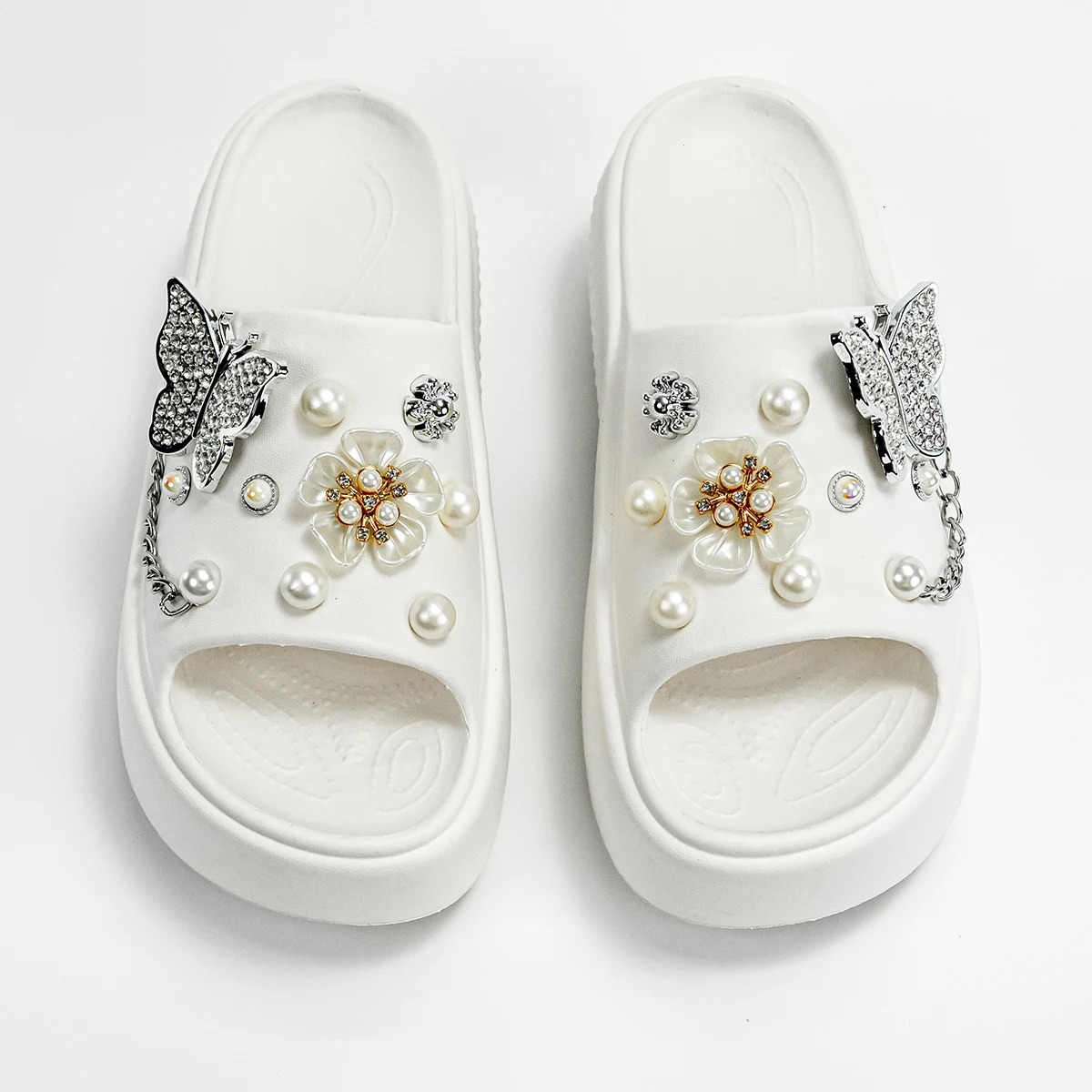 Fashionable Silver Butterfly Flower OneLine Sandals Outdoor ThickSoled Heightening E20 250526