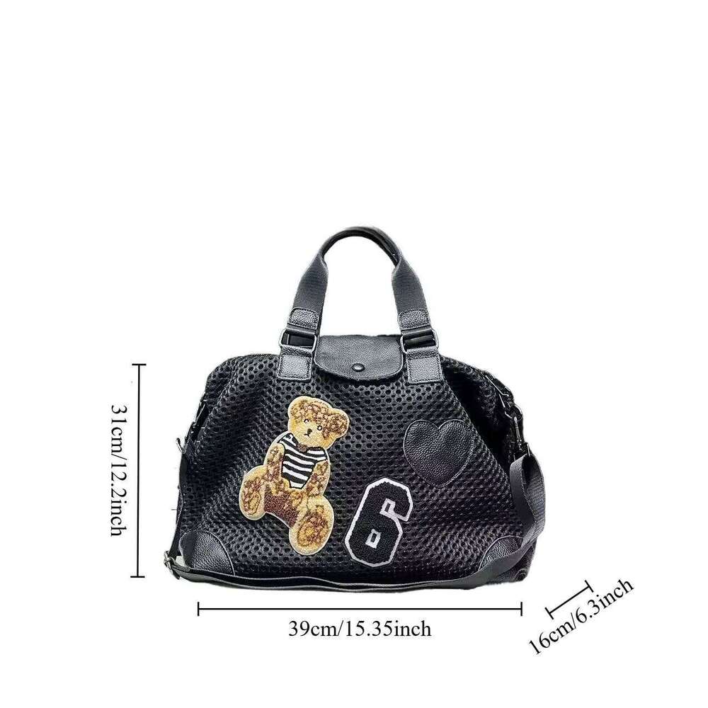 Women's Bags Designer Ladies' Fashion Mesh Splicing Casual Handbag With Multiple Pockets, Small Bear Patch, Single Shoulder Diagonal Cross B
