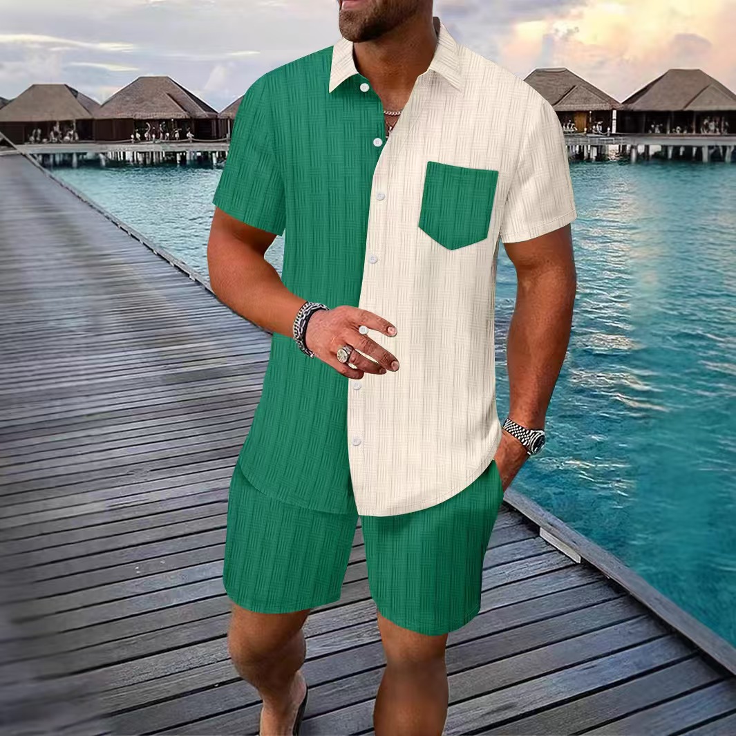 designer tracksuit 2025 new mens two piece Hawaiian jacquard color blocking pocket short sleeve shirt and shorts lapel shirt casual suit