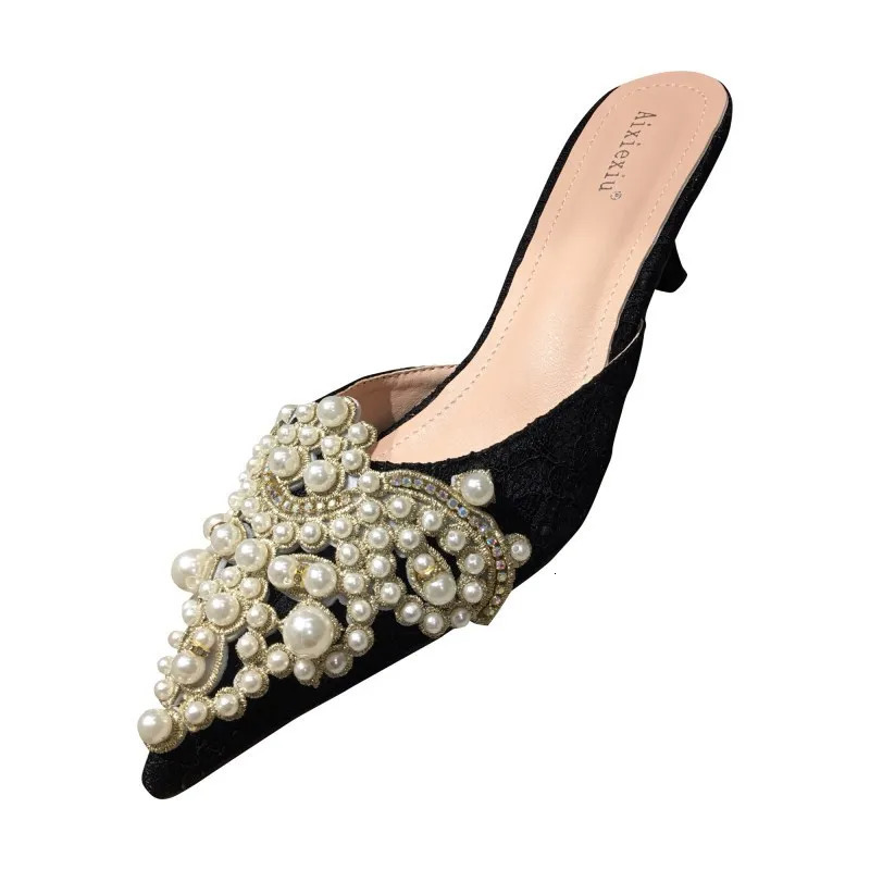 Large Pearl Women Shoe Autumn Lace Rhinestone Mid Heel Half Slipper Sandals Fashion Muller Shoes Casual Versatile Single Shoes 250526BJ - view 6