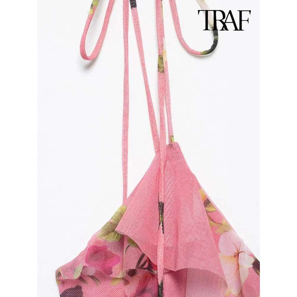 TRAF Women's Fashion Summer Tulle Floral V-Neck Spaghetti Strap Backless Asymmetric Camisole Top + High Waisted Halter Skirt Set