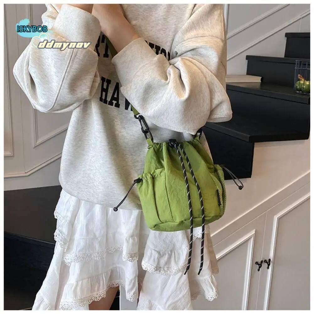 Cute Korean Style Drawstring Bucket Purse Handbag Nylon Shoulder Solid Color Mobile Phone Small Crossbody Bag Girls ddmynov