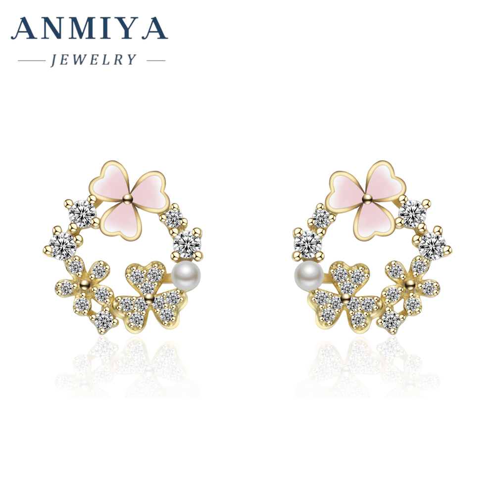 Niche 925 Sterling Silver Fashion pink Clover Pearl Zircon Stud Earrings