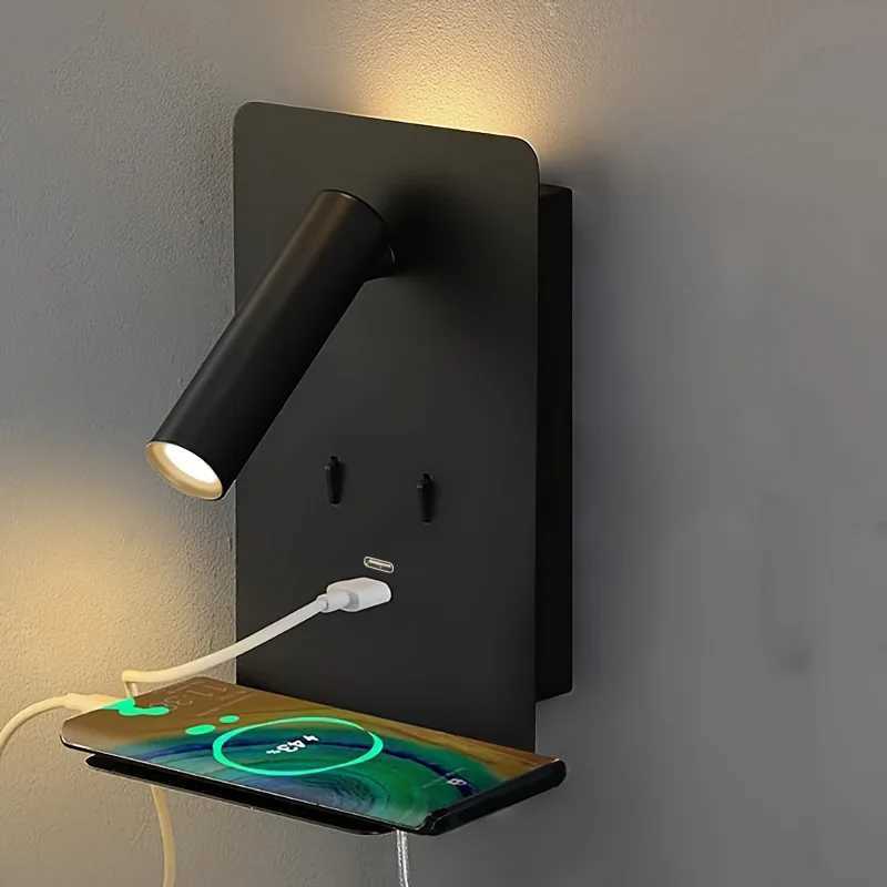 LED Wall Lamp With Switch Indoor Bedside Lamp Bedroom Wall Sconce Surface Mounted Reading Light Flexible USB Port Phone ShelfXJ250526