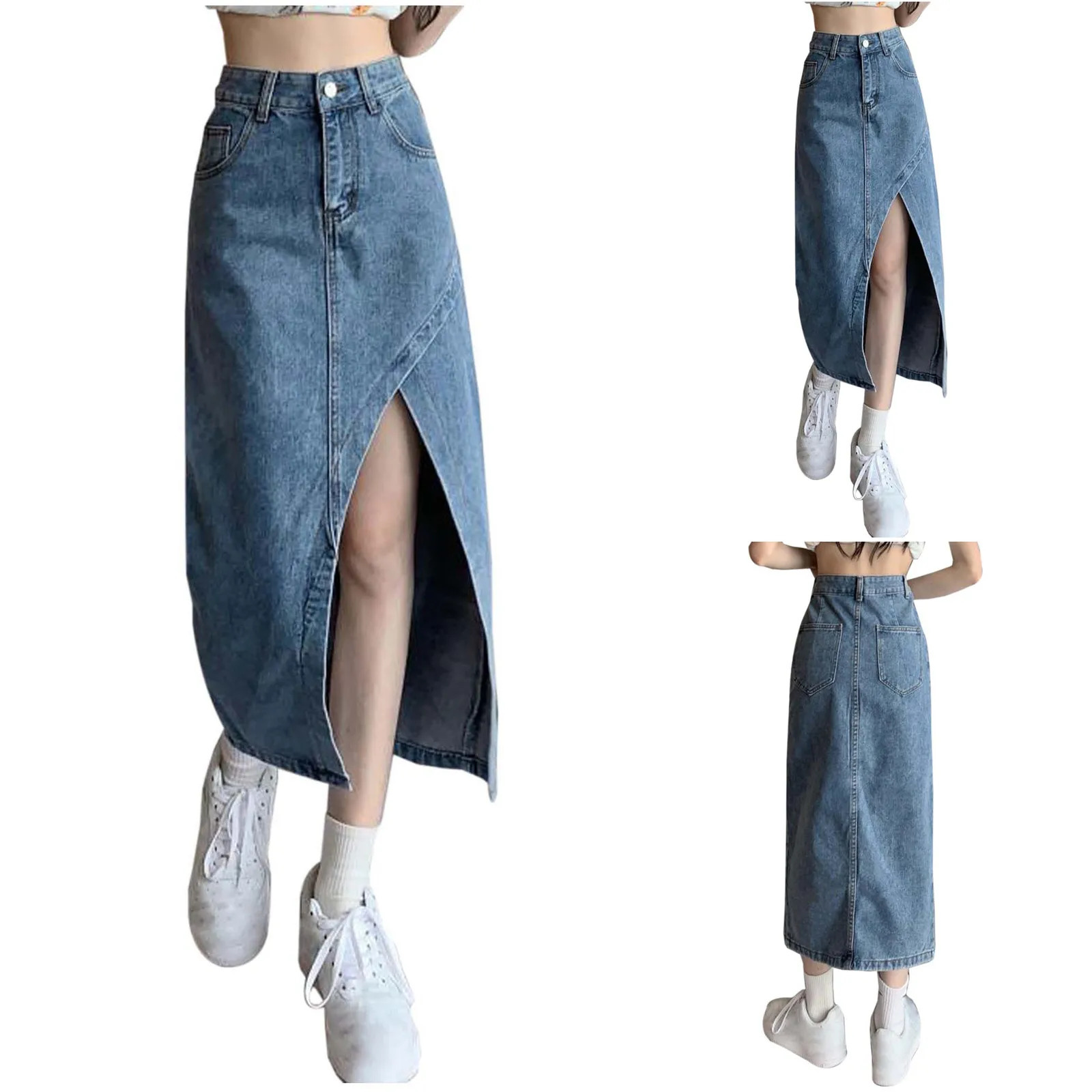 Skirts For Women Elegant High Waisted Denim Skirt Summer Chic Asymmetrical Split Hem Slimming Midi Long Pencil 250516Z