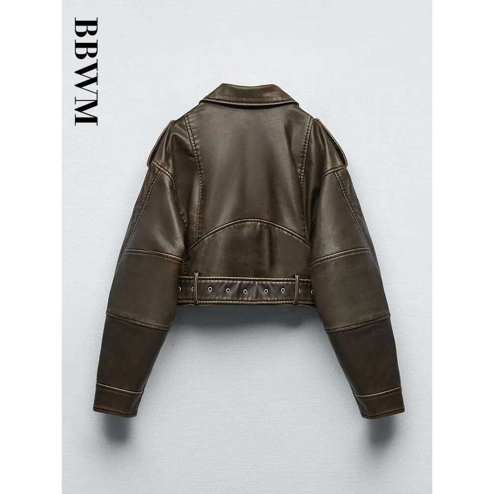 TRAF PU Retro Zipper Belt Motorcycle Street Women's Jacket 2023 Spring New Chic Short Long Sleeve Slim Fit Female Tops