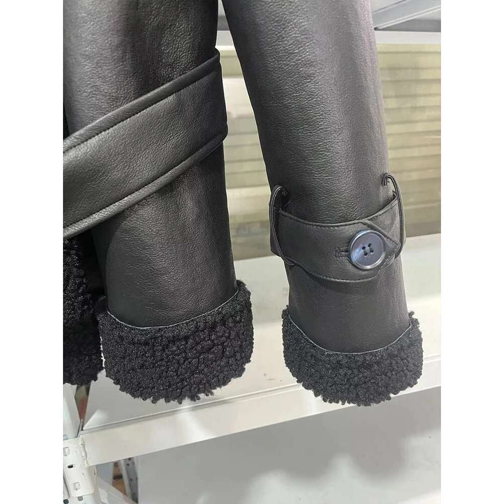 European and American style women's clothing new fashion temperament trend all-match black belt decoration lapel fur jacket