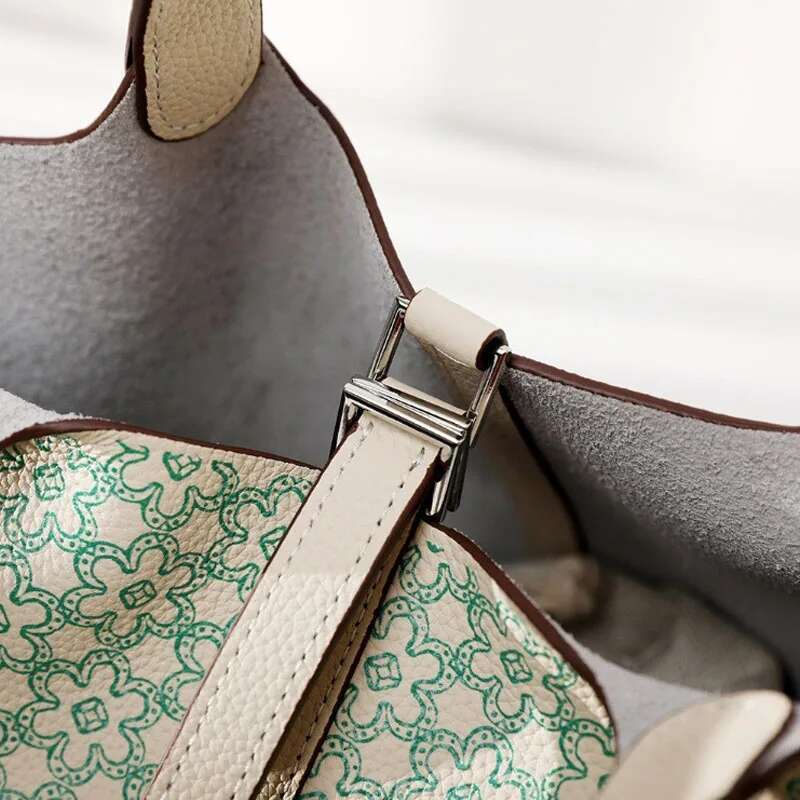 Head layer cowhide flower bucket genuine leather printed women s handbag vegetable basket bag