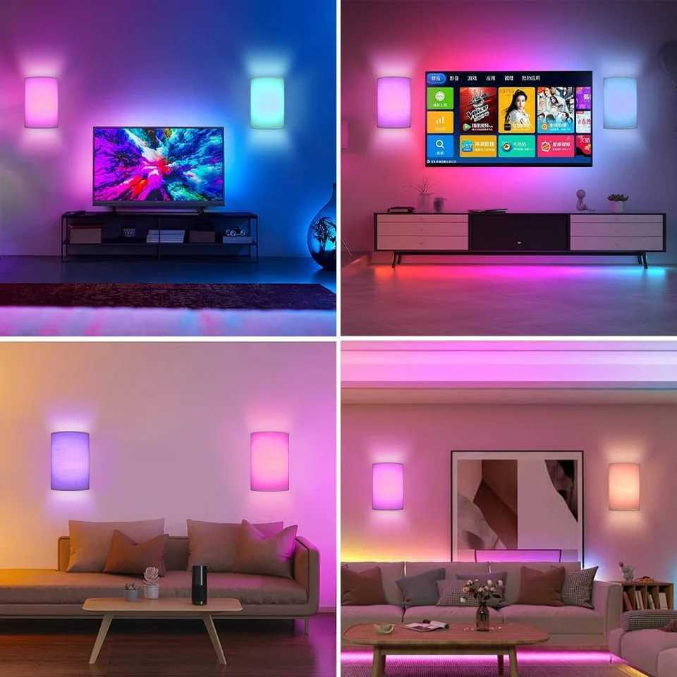 2 Pack LED Wall Sconce Lighting Fabric Linen Shades With Light Bar Wall Lamp Dimmable RGB Remote Control Indoor Wall Mount LightXJ250526