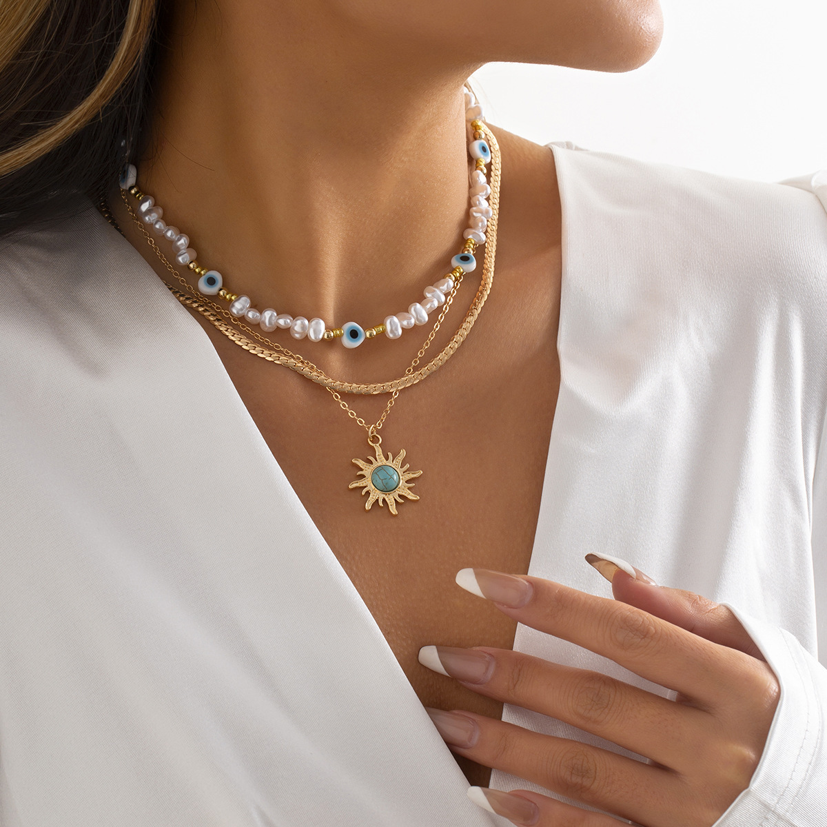 European and American Cross border Trendy Vintage Eight Pointed Star Pendant Necklace with Evil Eye and Imitation Pearl for Women Ideal for Layered We
