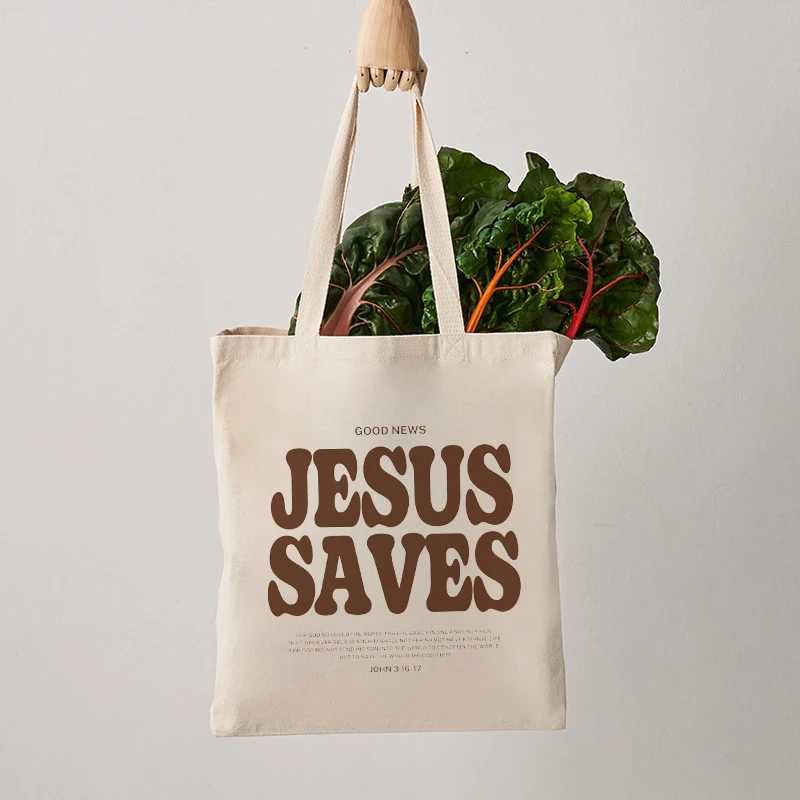 Good News Jesus Saves Pattern Canvas Shoulder Tote Bag Casual Shopping Tote Christ Religion Christian Faith Shopper Handbag W250524