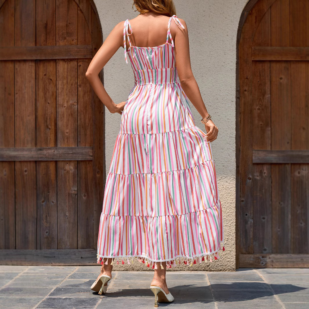 2025 Rainbow Striped Off Shoulder Dress New Womens Strap Dress for Women
