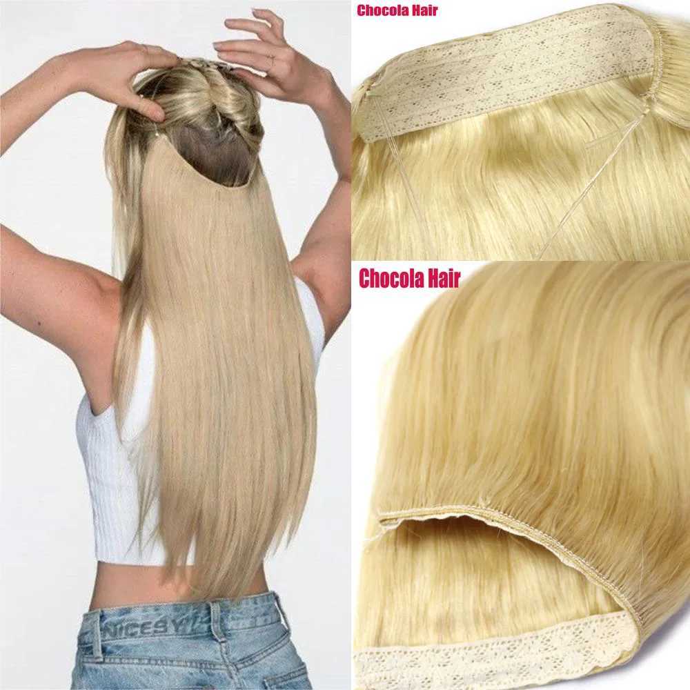 Chocolate Brazilian Remy Human Hair Extensions Secret Wire No Clip Halo Hair Extensions Hidden Wire Adjust S25526