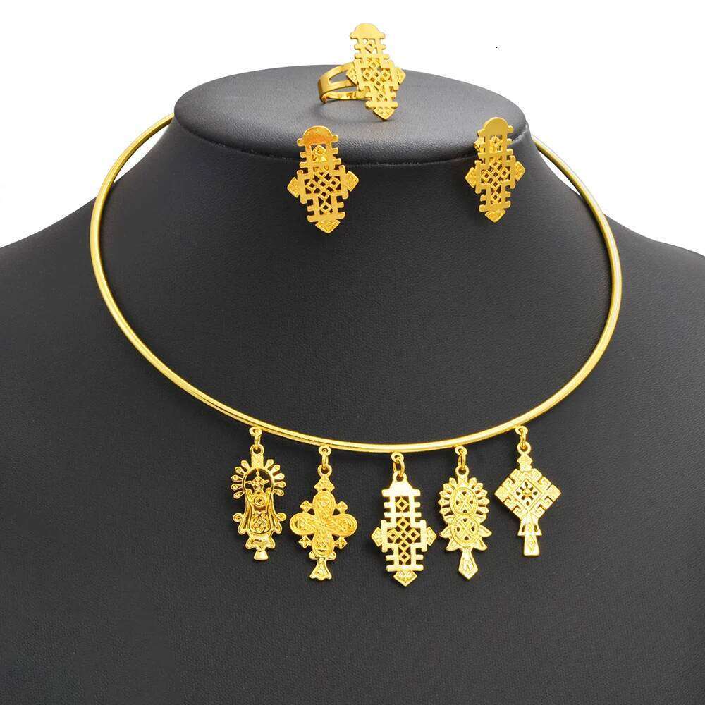 Ethiopian Eritrea Ethnic Jewelry Sets With Cross Chokers Earrings Rings For Women Girls Africa Wedding Party Gifts #340006