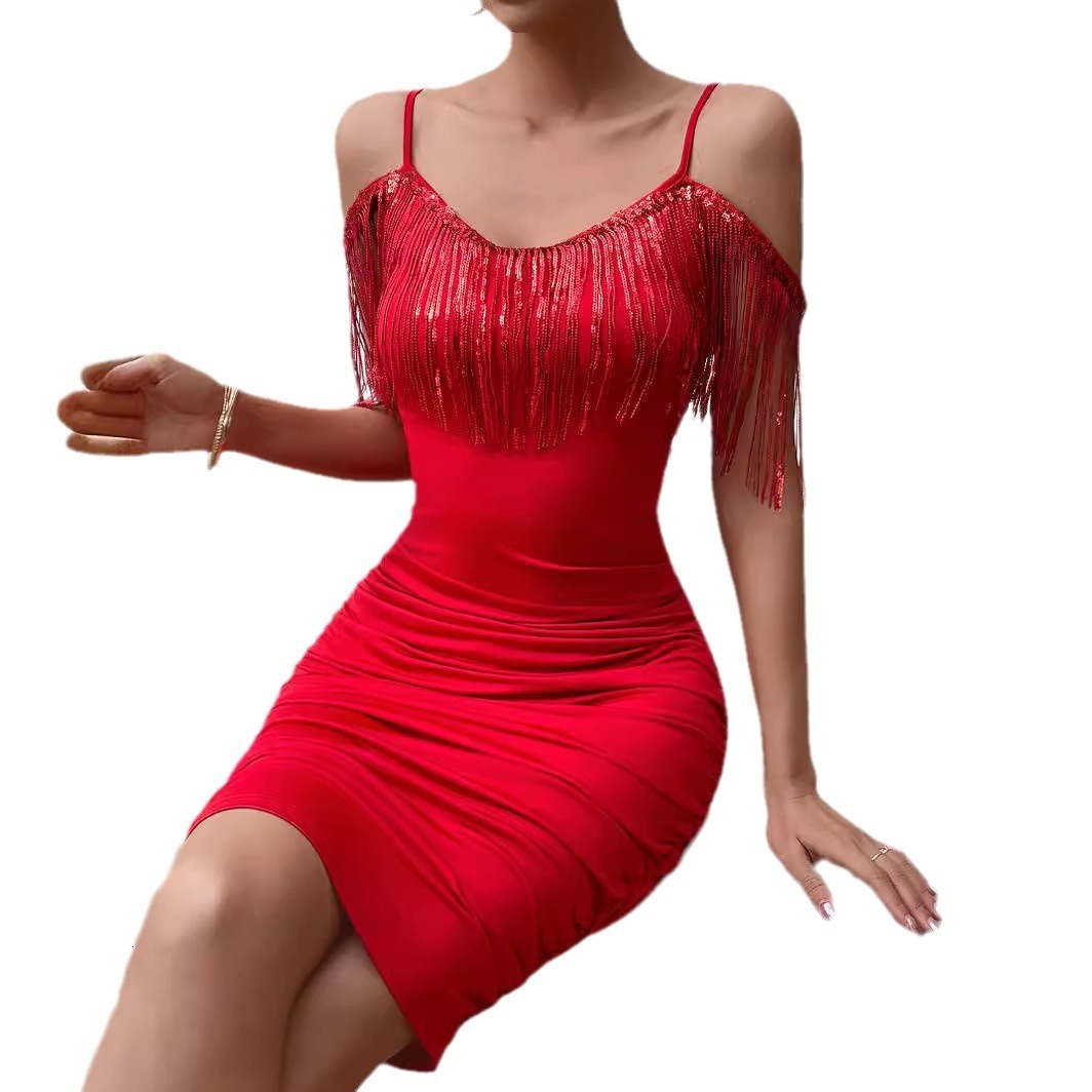 Spring and summer new womens suspender tassel slim fit pleated dress sexy mid length skirt