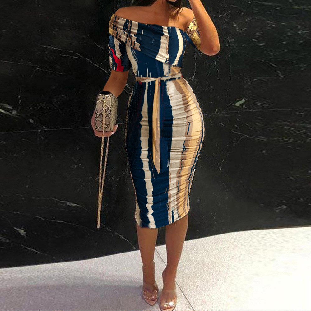 New slim fit printed hip hugging dress with slanted collar short sleeves and waistband mid length skirt