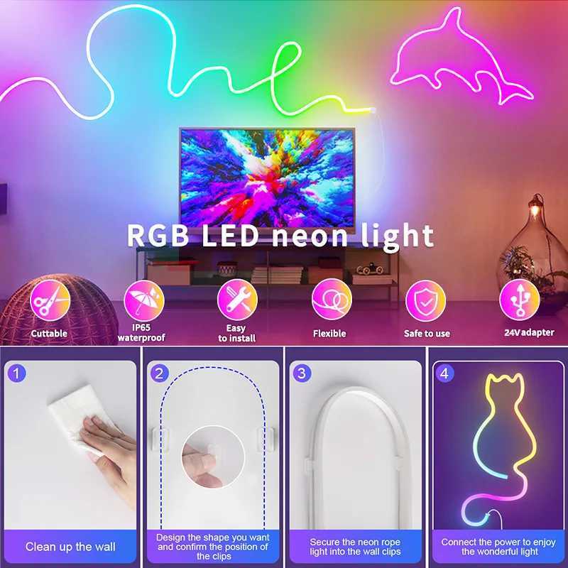 Neon Strip RGB LED Neon Rope Lights Music Sync App Remote Control Flexible Lamp Color Change Waterproof for Indoor Outdoor Decoration W250526