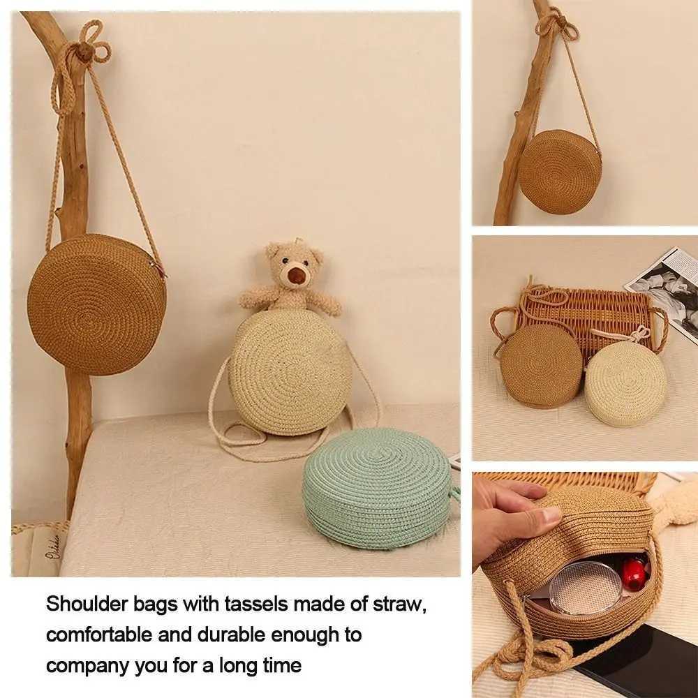 Round Straw Bag Women Woven Beach Crossbody Bag for Ladies Cute Shoulder Rattan Handmade Knitted Candy Color Small Handbag W250524