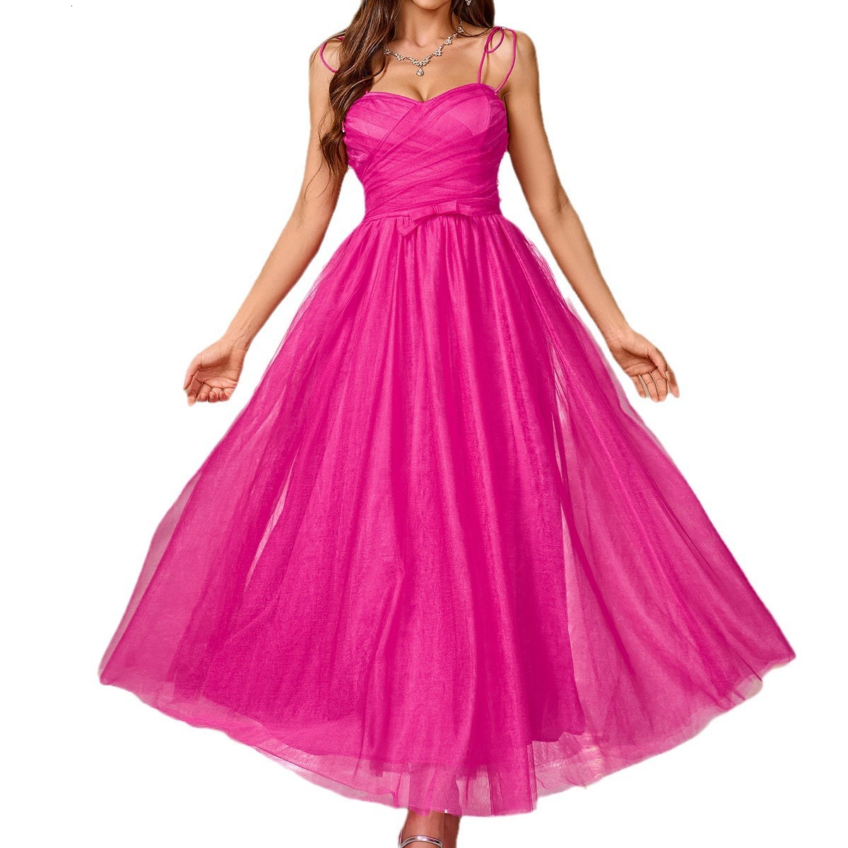 Summer New Strap Dress Solid Color Elegant Womens Mesh Skirt